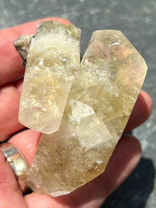 Twin Honey Calcite Points on Dolomite & Chalcopyrite from Crystal Specimens