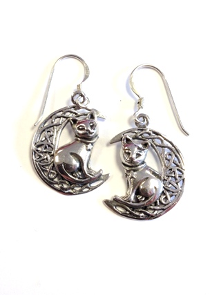 Crescent Moon with Cat Earrings from Silver Symbolic Jewellery