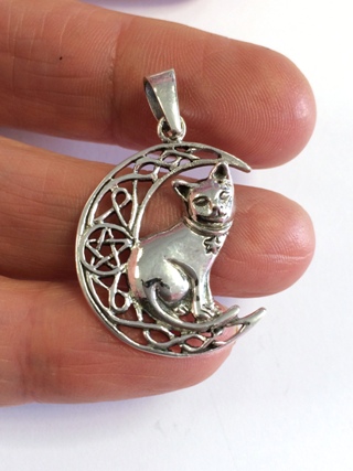 Crescent Moon with Cat Silver Pendant from Silver Symbolic Jewellery